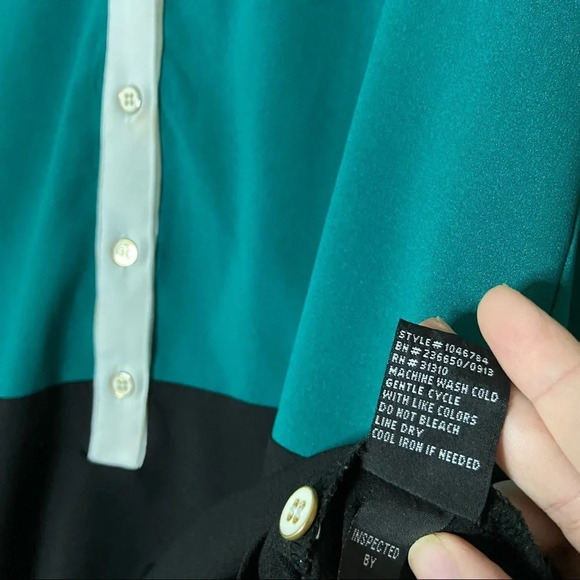 Colorblock Top Tunic Style Blouse Button Shirt Size Large Green Black 3/4 Sleeve - Picture 5 of 8